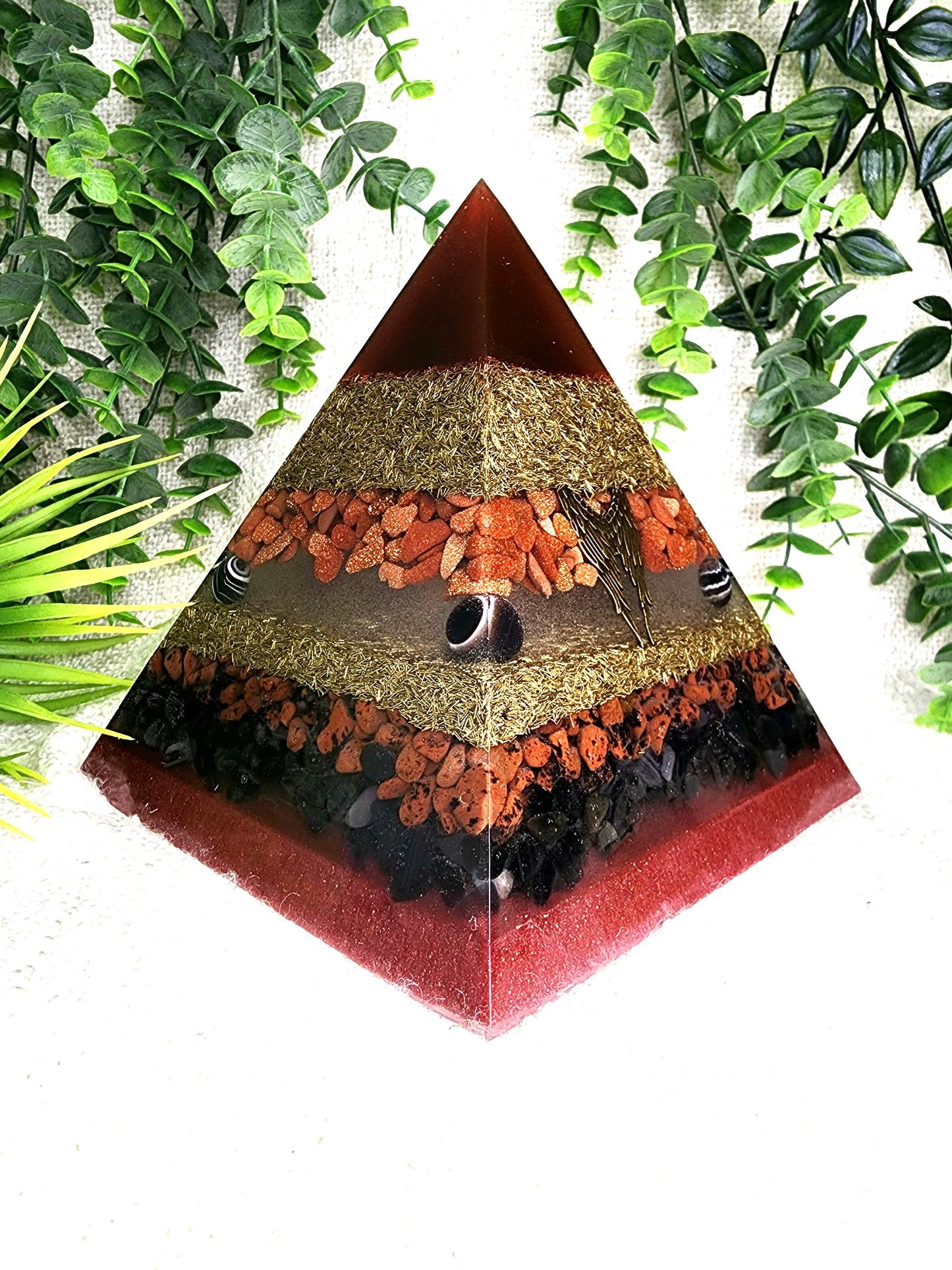 METATRON - Orgonite Pyramid - EMF Protector - Red Gold Stone, Sardonyx, Mahogany Obsidian and Black Obsidian with Brass Metals