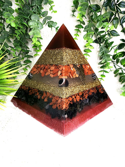 METATRON - Orgonite Pyramid - EMF Protector - Red Gold Stone, Sardonyx, Mahogany Obsidian and Black Obsidian with Brass Metals