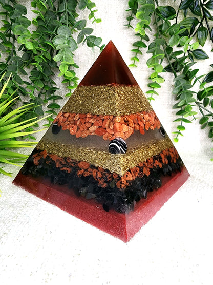 METATRON - Orgonite Pyramid - EMF Protector - Red Gold Stone, Sardonyx, Mahogany Obsidian and Black Obsidian with Brass Metals