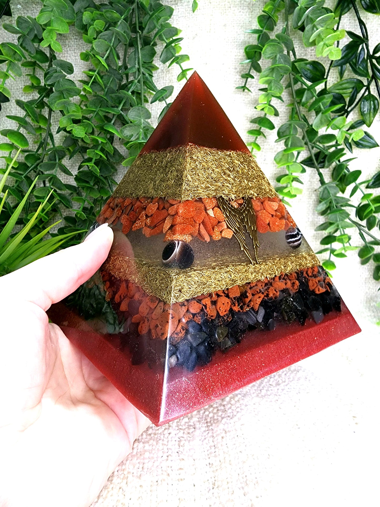 METATRON - Orgonite Pyramid - EMF Protector - Red Gold Stone, Sardonyx, Mahogany Obsidian and Black Obsidian with Brass Metals