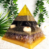 JOPHIEL- Orgonite Pyramid - EMF Protector - Smoky Quartz, Orange Calcite, Ametrine, Rutilated Quartz and Brass Metal