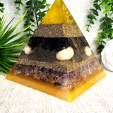 JOPHIEL- Orgonite Pyramid - EMF Protector - Smoky Quartz, Orange Calcite, Ametrine, Rutilated Quartz and Brass Metal