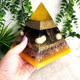JOPHIEL- Orgonite Pyramid - EMF Protector - Smoky Quartz, Orange Calcite, Ametrine, Rutilated Quartz and Brass Metal