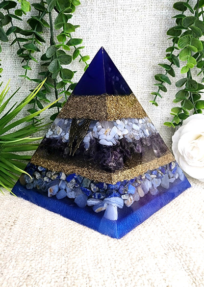 ZADKIEL - Orgonite Pyramid - EMF Protector - Blue Lace Agate, Amethyst, Lapis Lazuli, Blue Chalcedony and Brass Metal