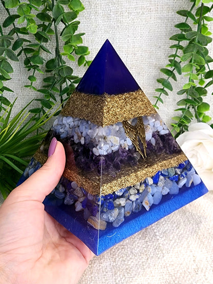ZADKIEL - Orgonite Pyramid - EMF Protector - Blue Lace Agate, Amethyst, Lapis Lazuli, Blue Chalcedony and Brass Metal