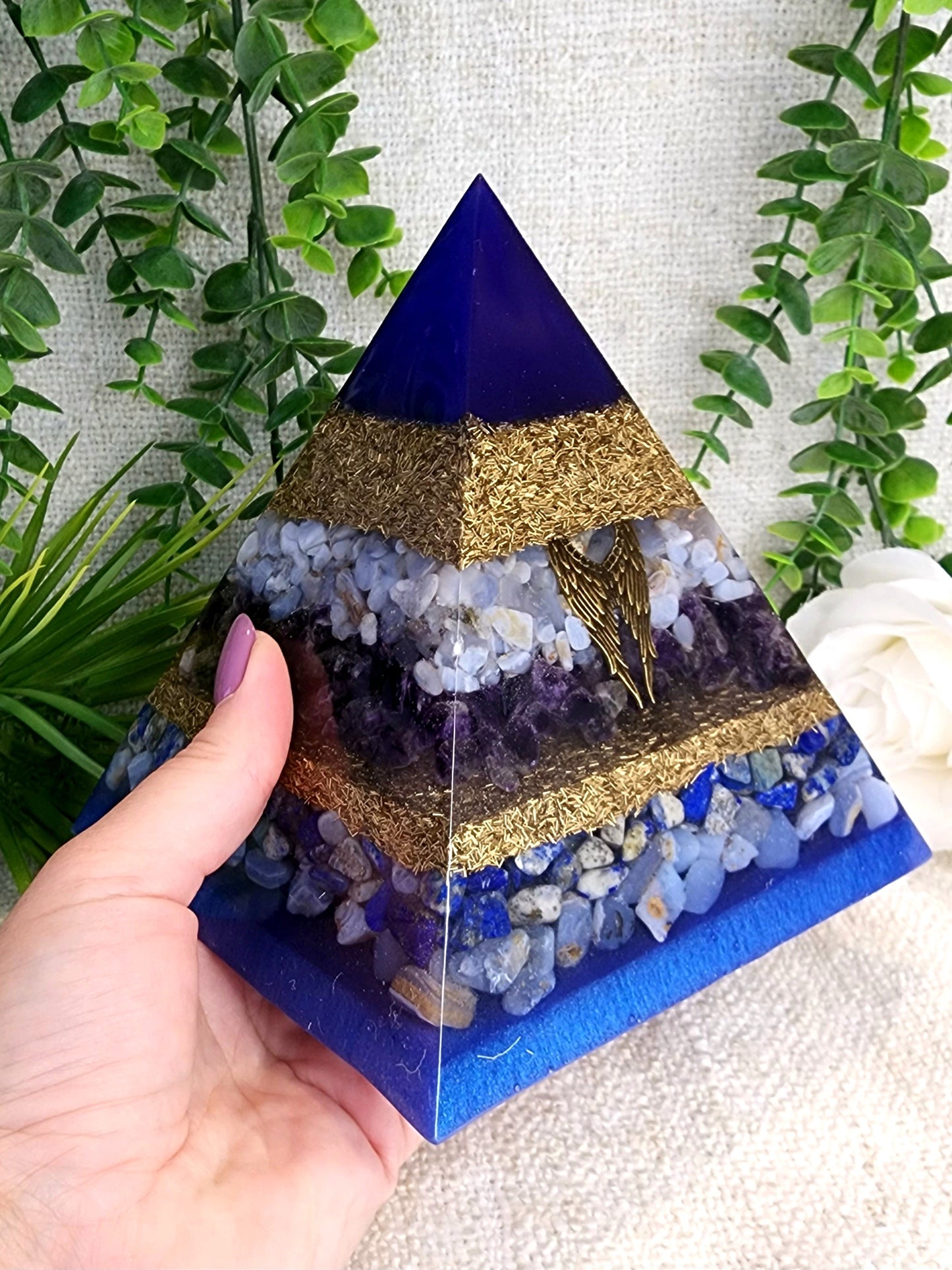 ARCHANGEL ZADKIEL - Orgonite Pyramid - EMF Protector - Blue Lace Agate, Amethyst, Lapis Lazuli, Blue Chalcedony and Brass Metal