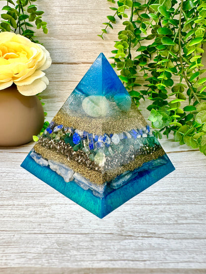 SERAPHIM - Orgonite Pyramid - EMF Protector -Bloodstone, Lapis Lazuli, Green Aventurine and Blue Kyanite with Stainless Steel & Brass Metals