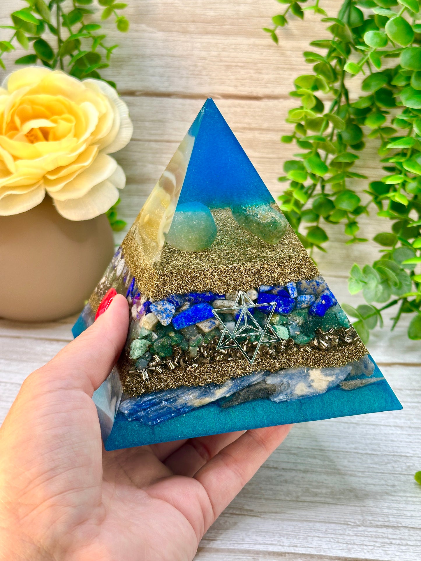 SERAPHIM - Orgonite Pyramid - EMF Protector -Bloodstone, Lapis Lazuli, Green Aventurine and Blue Kyanite with Stainless Steel & Brass Metals