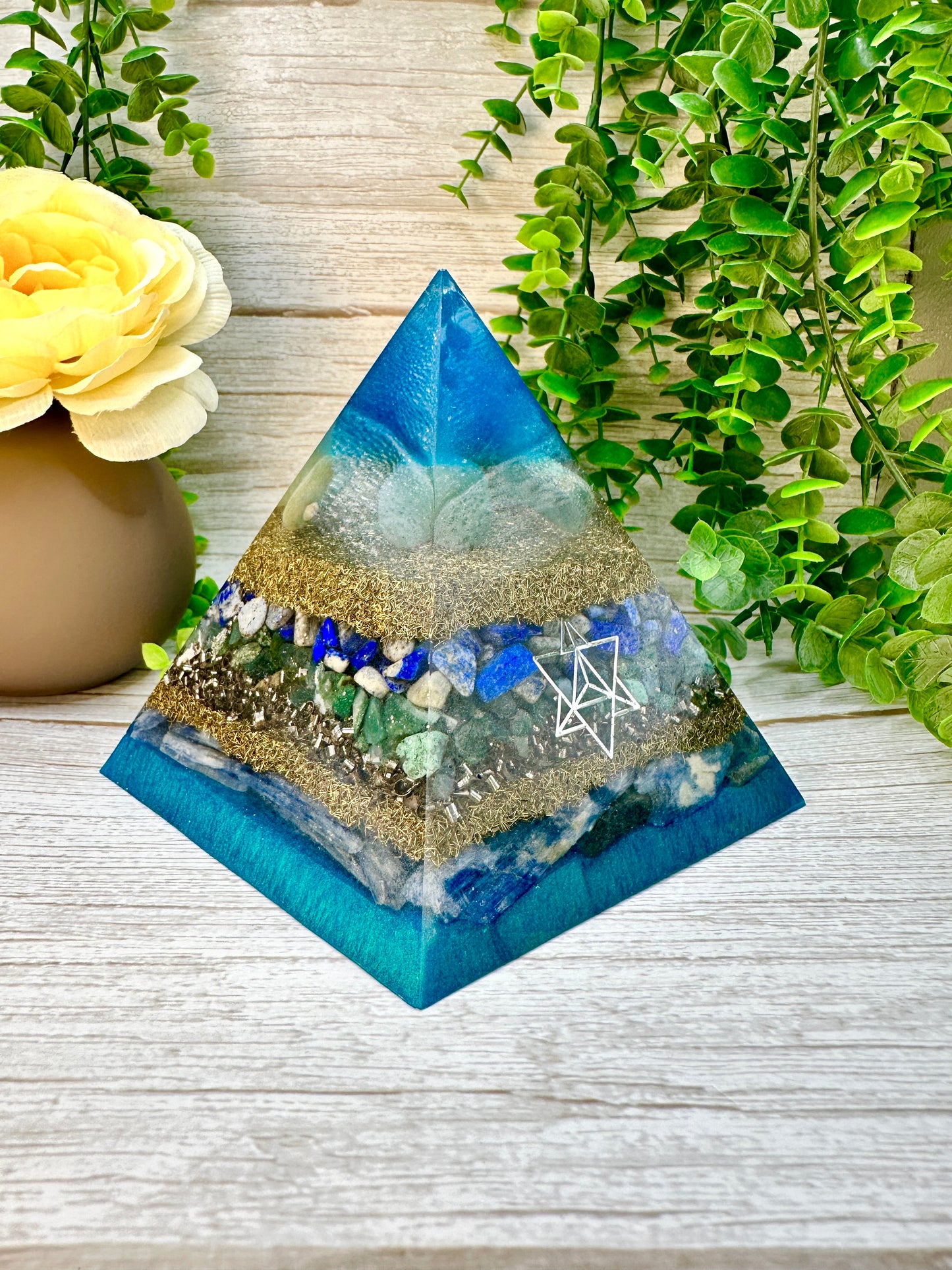 SERAPHIM - Orgonite Pyramid - EMF Protector -Bloodstone, Lapis Lazuli, Green Aventurine and Blue Kyanite with Stainless Steel & Brass Metals