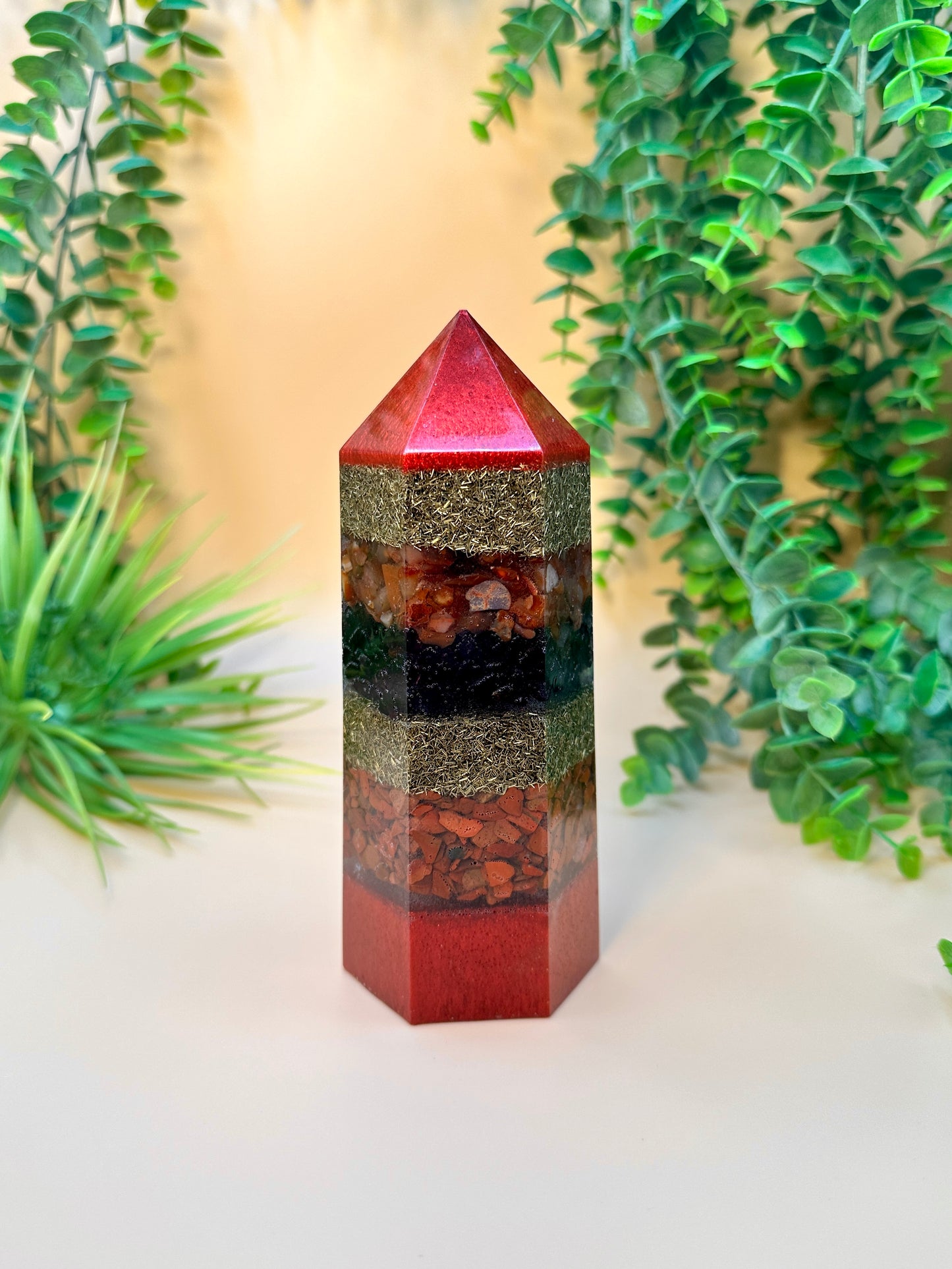 FAME & REPUTATION - Feng Shui Orgonite Tower - EMF Protector - Carnelian, Garnet & Red Jasper Brass Metals