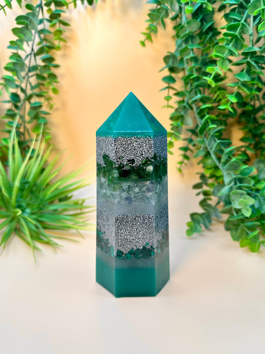 FAMILY - Orgonite Tower - EMF Protector - Green Jade, Green Fluorite, Malachite with Aluminum Metals