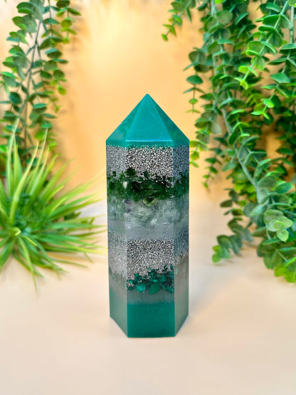 FAMILY - Feng Shui Orgonite Tower - EMF Protector - Green Jade, Green Fluorite, Malachite with Aluminum Metals