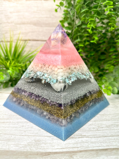 FERTILITY - Orgonite Pyramid - EMF Protector - Amethyst, Milky Quartz, Larimar, Moonstone, Lepidolite & Rose Quartz with Aluminum and Brass Metals