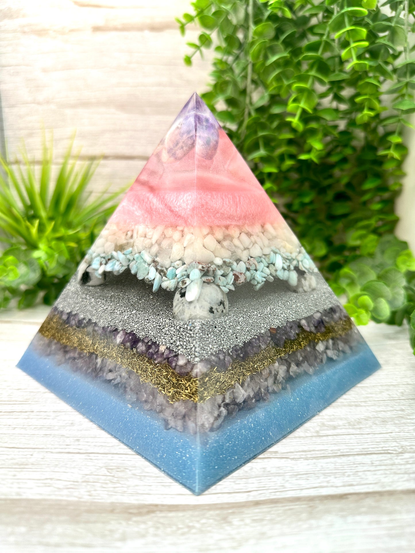FERTILITY - Orgonite Pyramid - EMF Protector - Amethyst, Milky Quartz, Larimar, Moonstone, Lepidolite & Rose Quartz with Aluminum and Brass Metals