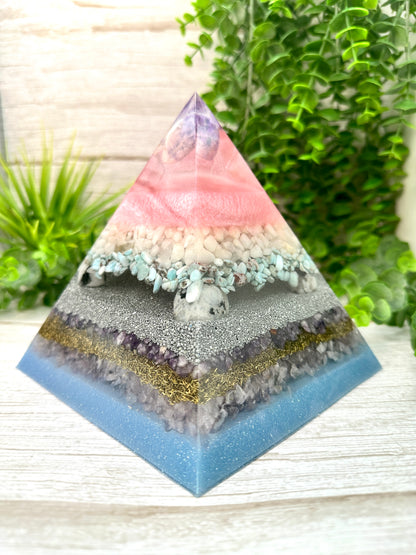 FERTILITY - Orgonite Pyramid - EMF Protector - Amethyst, Milky Quartz, Larimar, Moonstone, Lepidolite & Rose Quartz with Aluminum and Brass Metals