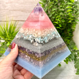FERTILITY - Orgonite Pyramid - EMF Protector - Amethyst, Milky Quartz, Larimar, Moonstone, Lepidolite & Rose Quartz with Aluminum and Brass Metals