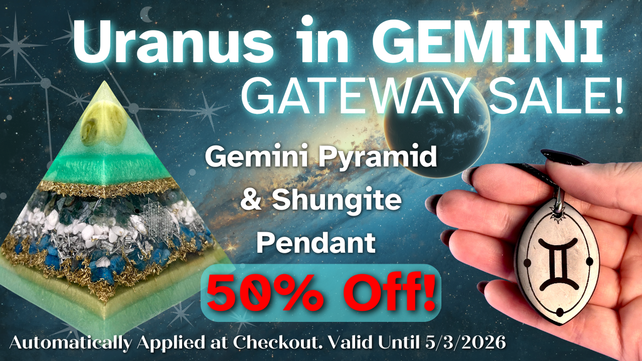 Uranus in Gemini Gateway - Astrology Edition - Orgonite Pyramid & Shungite Pendant - EMF Protector - Serpentine, Moss Agate, Howlite, Blue Apatite, Brass and Aluminum Metals