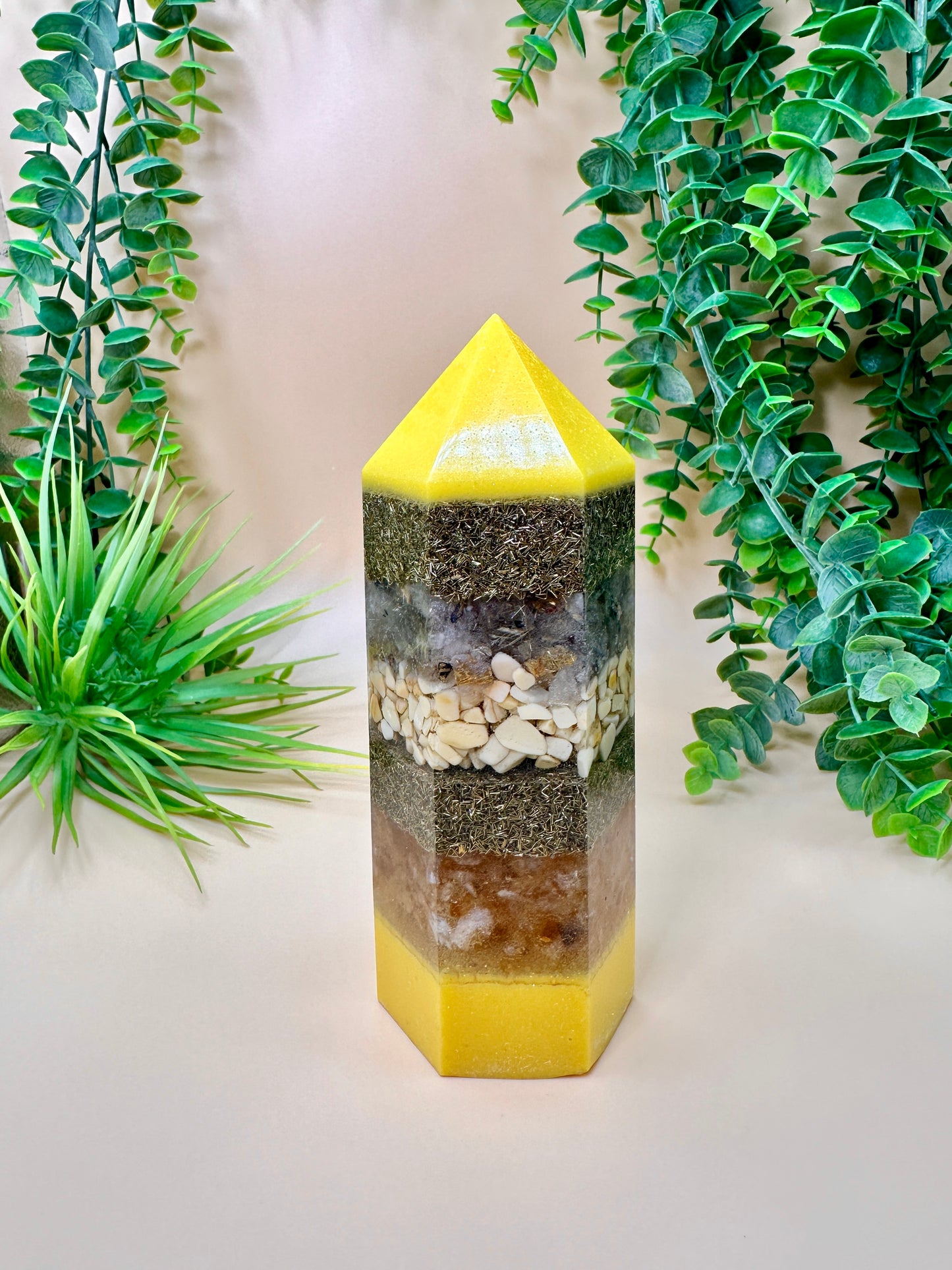 HEALTH & WELL BEING - Feng Shui Orgonite Tower - EMF Protector - Rutilated Quartz, Yellow Aventurine & Citrine with Brass Metals