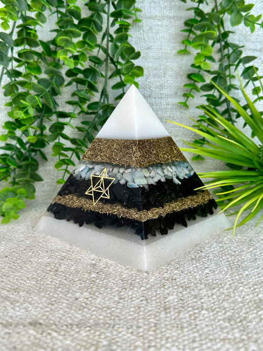 DANIELA - Orgonite Pyramid - EMF Protector - Aquamarine, Shungite, Black Obsidian and Black Tourmaline and Brass Metals