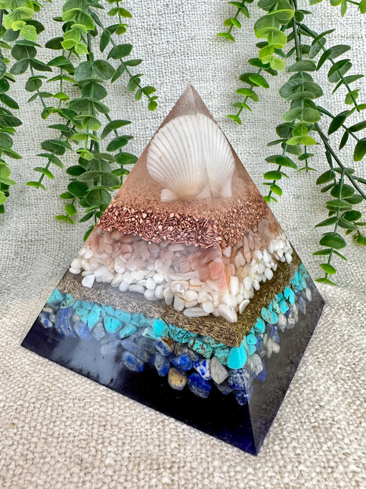DORIS - Orgonite Pyramid - EMF Protector - Peach Moonstone, Sea Shells, Turquoise, Lapis Lazuli, with Copper and Brass Metals