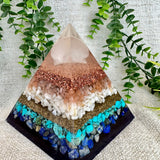 DORIS - Orgonite Pyramid - EMF Protector - Peach Moonstone, Sea Shells, Turquoise, Lapis Lazuli, with Copper and Brass Metals