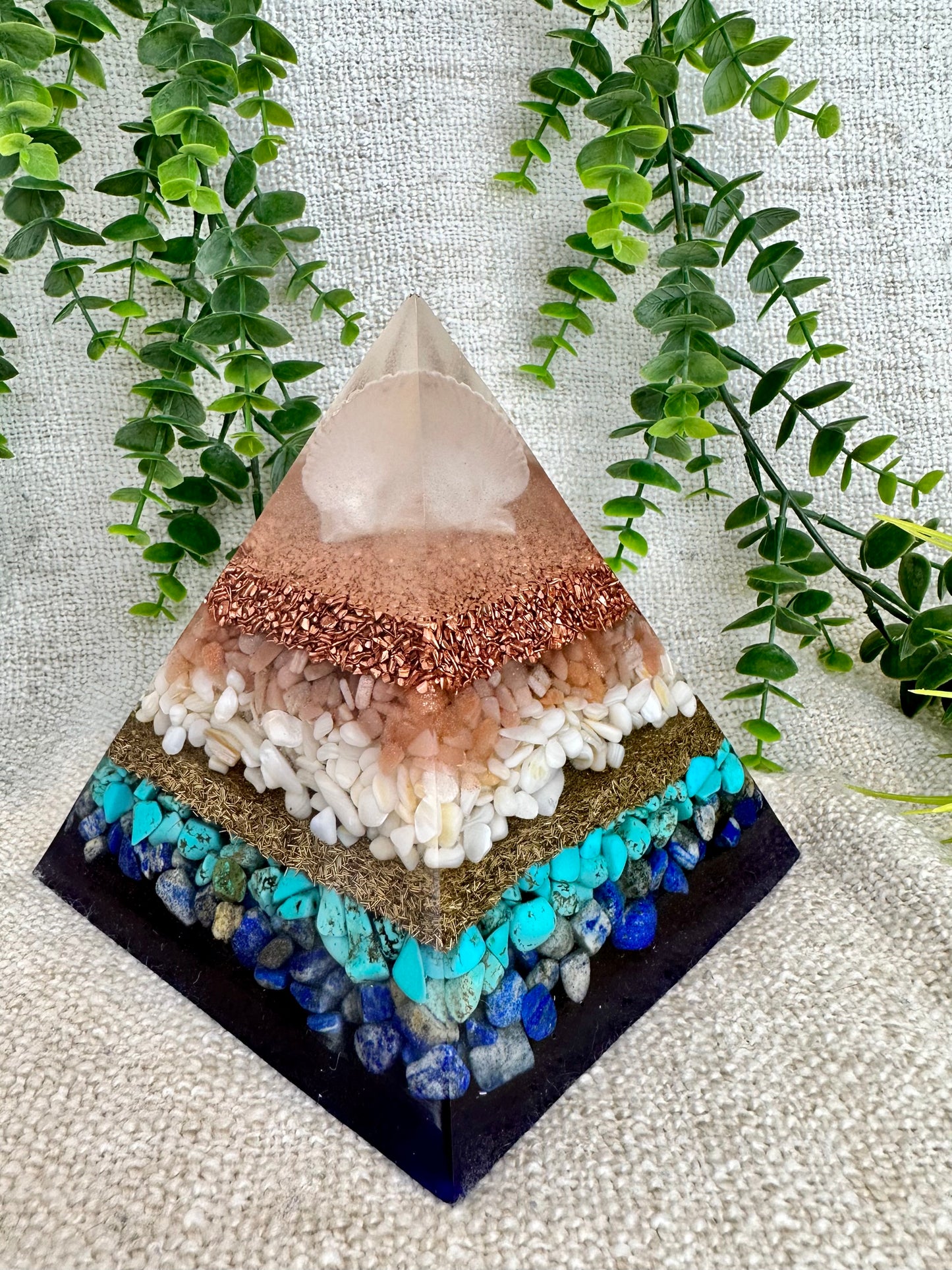 DORIS - Orgonite Pyramid - EMF Protector - Peach Moonstone, Sea Shells, Turquoise, Lapis Lazuli, with Copper and Brass Metals