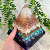 DORIS - Orgonite Pyramid - EMF Protector - Peach Moonstone, Sea Shells, Turquoise, Lapis Lazuli, with Copper and Brass Metals