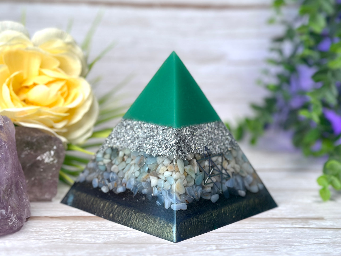 FORGIVENESS - Beginners Series  - Orgonite Pyramid - EMF Protector - Blue Lace Agate, Amazonite and Aluminum Metals