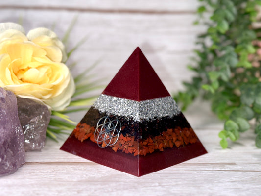 ACTION - Beginners Series  - Orgonite Pyramid - EMF Protector - Garnet, Red Jasper and Aluminum Metals