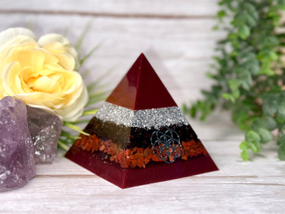 ACTION - Beginners Series  - Orgonite Pyramid - EMF Protector - Garnet, Red Jasper and Aluminum Metals