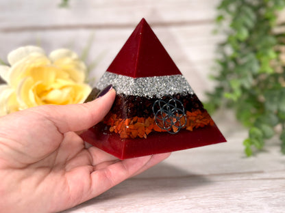 ACTION - Beginners Series  - Orgonite Pyramid - EMF Protector - Garnet, Red Jasper and Aluminum Metals
