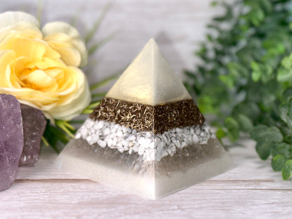 PEACE - Beginners Series  - Orgonite Pyramid - EMF Protector -Howlite, Aura Quartz and Brass Metals