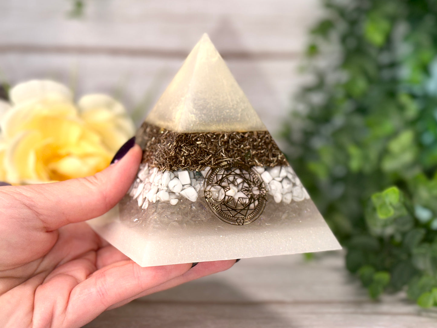 PEACE - Beginners Series  - Orgonite Pyramid - EMF Protector -Howlite, Aura Quartz and Brass Metals