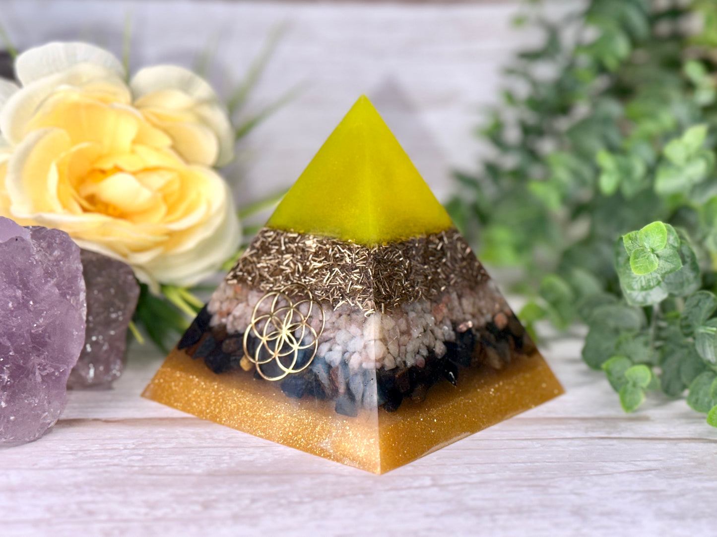 COURAGE - Beginners Series  - Orgonite Pyramid - EMF Protector - Sunstone, Blue Tiger's Eye and Brass Metals