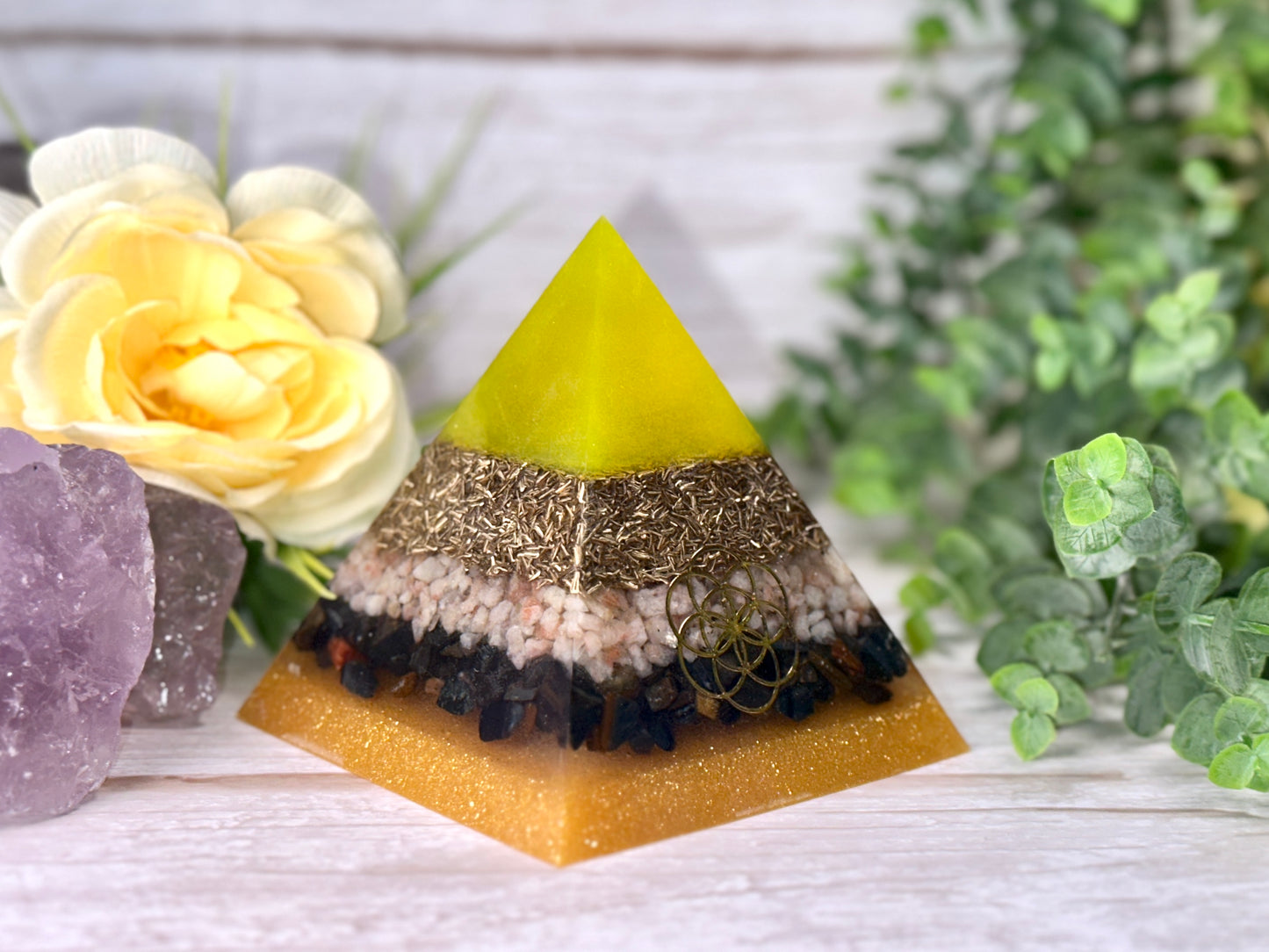 COURAGE - Beginners Series  - Orgonite Pyramid - EMF Protector - Sunstone, Blue Tiger's Eye and Brass Metals