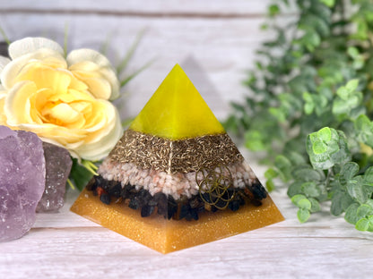 COURAGE - Beginners Series  - Orgonite Pyramid - EMF Protector - Sunstone, Blue Tiger's Eye and Brass Metals