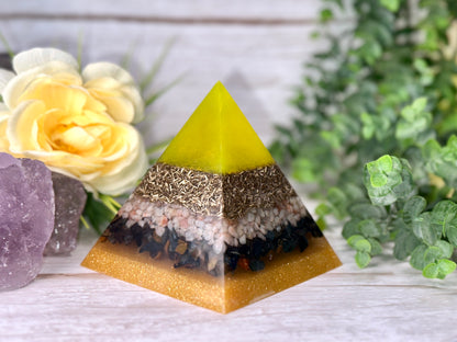 COURAGE - Beginners Series  - Orgonite Pyramid - EMF Protector - Sunstone, Blue Tiger's Eye and Brass Metals