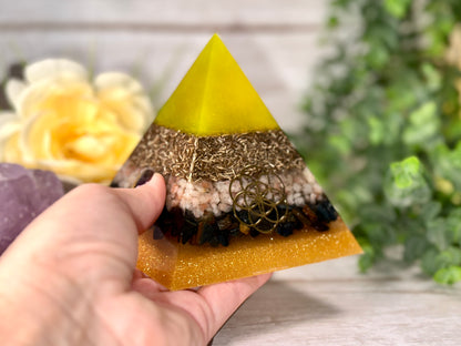 COURAGE - Beginners Series  - Orgonite Pyramid - EMF Protector - Sunstone, Blue Tiger's Eye and Brass Metals