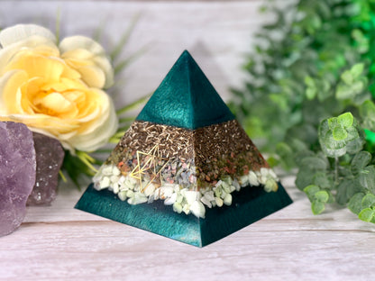 SURRENDER - Beginners Series  - Orgonite Pyramid - EMF Protector - Unakite, Chrysoprase and Brass Metals