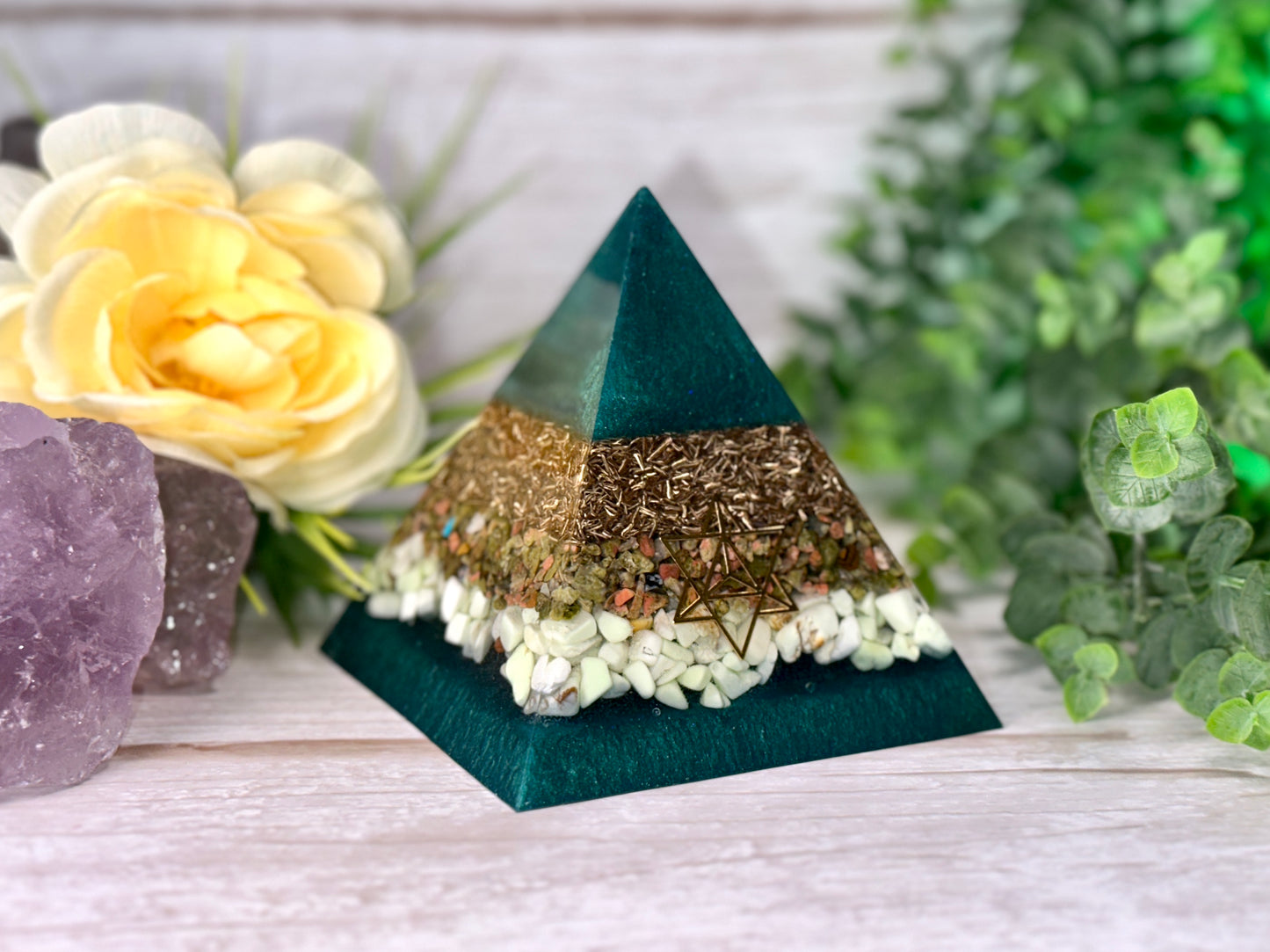 SURRENDER - Beginners Series  - Orgonite Pyramid - EMF Protector - Unakite, Chrysoprase and Brass Metals