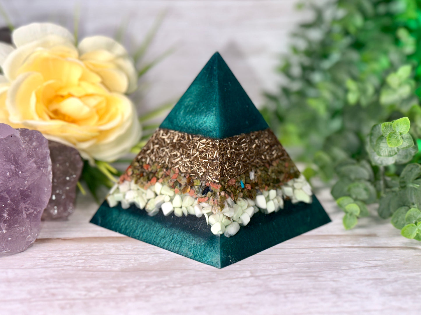 SURRENDER - Beginners Series  - Orgonite Pyramid - EMF Protector - Unakite, Chrysoprase and Brass Metals