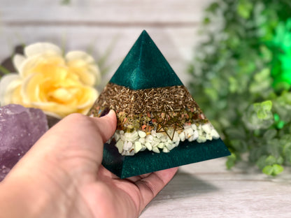 SURRENDER - Beginners Series  - Orgonite Pyramid - EMF Protector - Unakite, Chrysoprase and Brass Metals