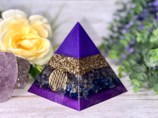 UNDERSTANDING - Beginners Series  - Orgonite Pyramid - EMF Protector - Ametrine, Sodalite and Brass Metals