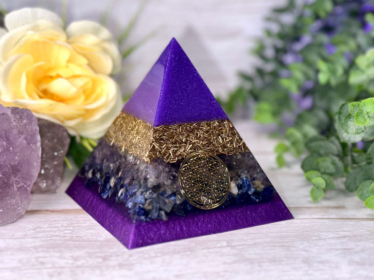 UNDERSTANDING - Beginners Series  - Orgonite Pyramid - EMF Protector - Ametrine, Sodalite and Brass Metals