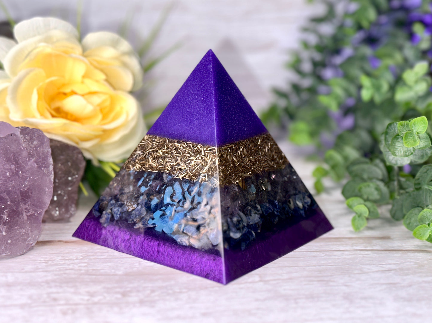 UNDERSTANDING - Beginners Series  - Orgonite Pyramid - EMF Protector - Ametrine, Sodalite and Brass Metals