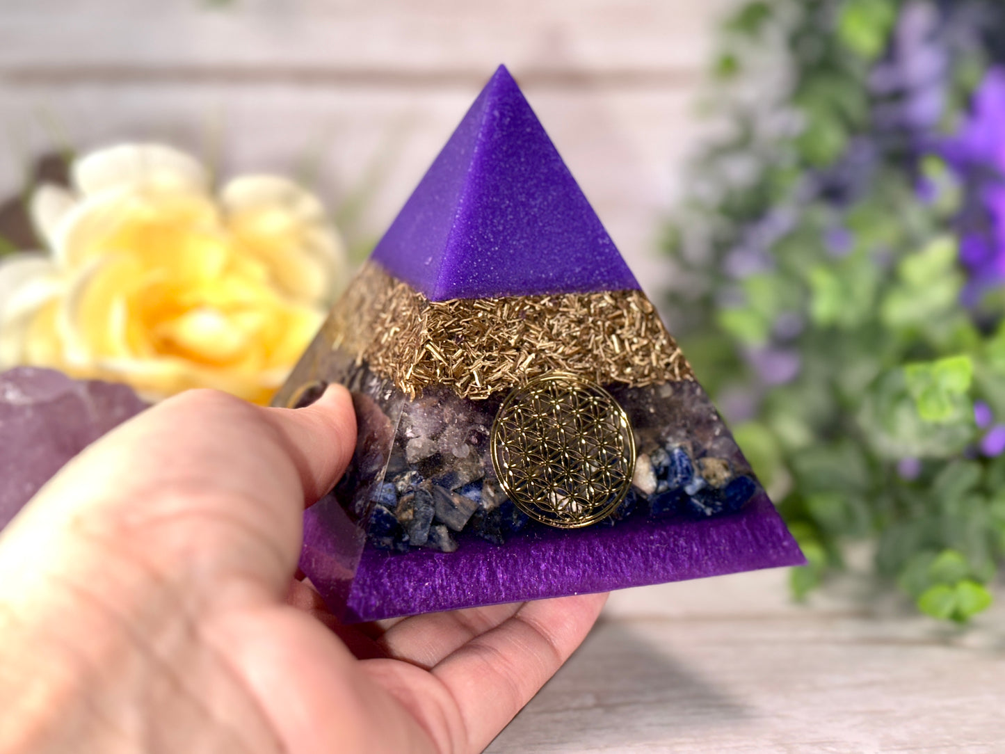 UNDERSTANDING - Beginners Series  - Orgonite Pyramid - EMF Protector - Ametrine, Sodalite and Brass Metals