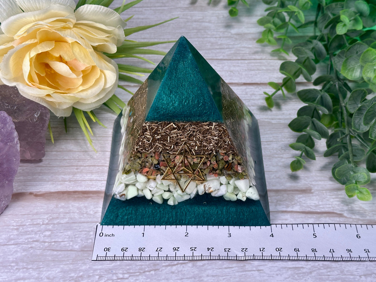 SURRENDER - Beginners Series  - Orgonite Pyramid - EMF Protector - Unakite, Chrysoprase and Brass Metals