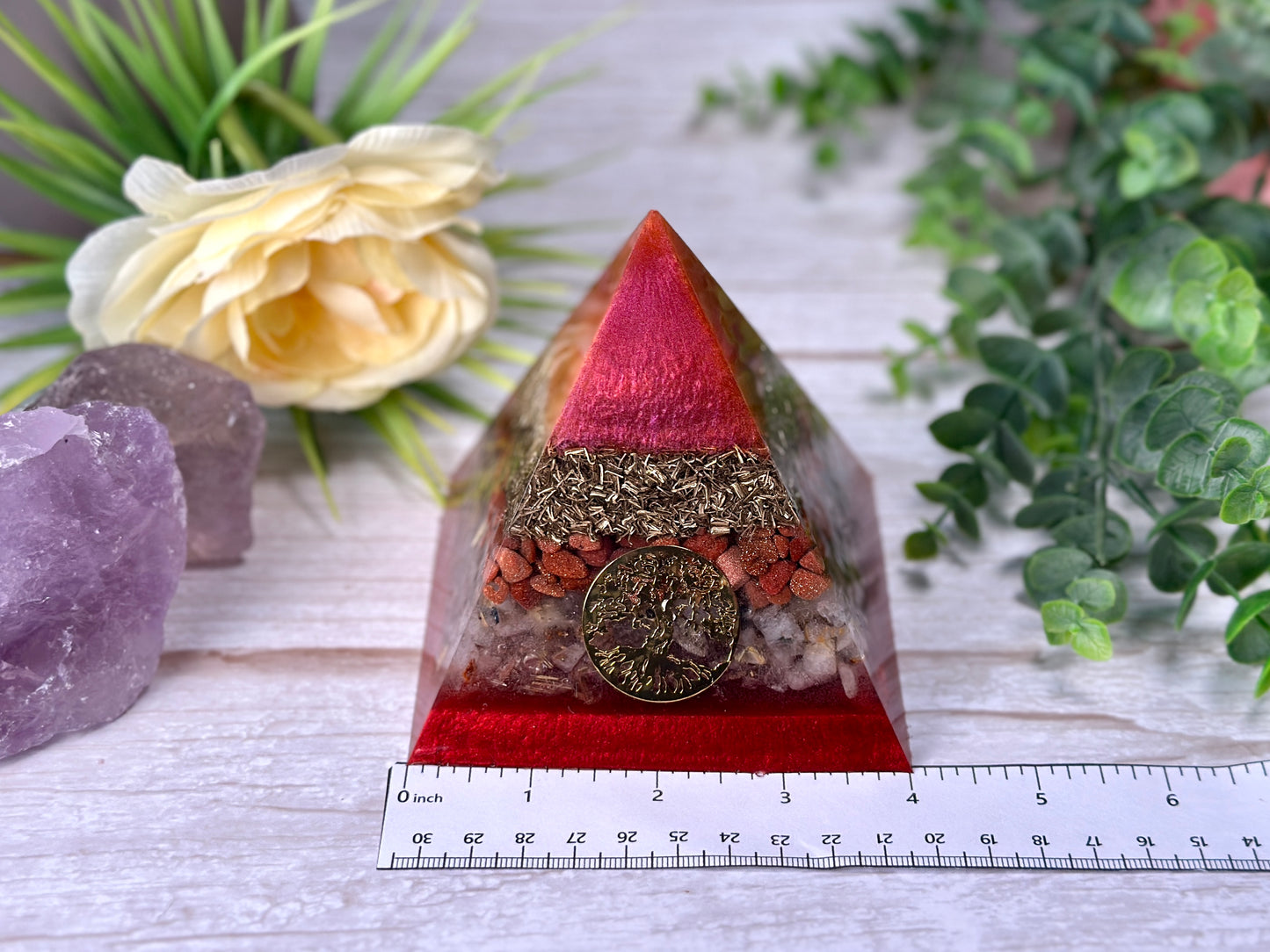 AMBITION - Beginners Series  - Orgonite Pyramid - EMF Protector - Red Goldstone, Rutilated Quartz and Brass Metals