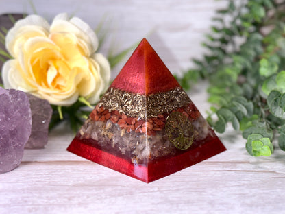 AMBITION - Beginners Series  - Orgonite Pyramid - EMF Protector - Red Goldstone, Rutilated Quartz and Brass Metals