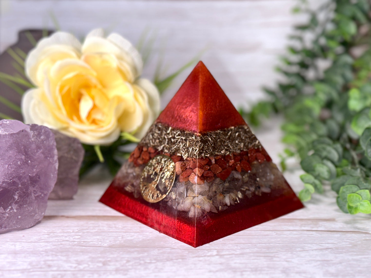 AMBITION - Beginners Series  - Orgonite Pyramid - EMF Protector - Red Goldstone, Rutilated Quartz and Brass Metals